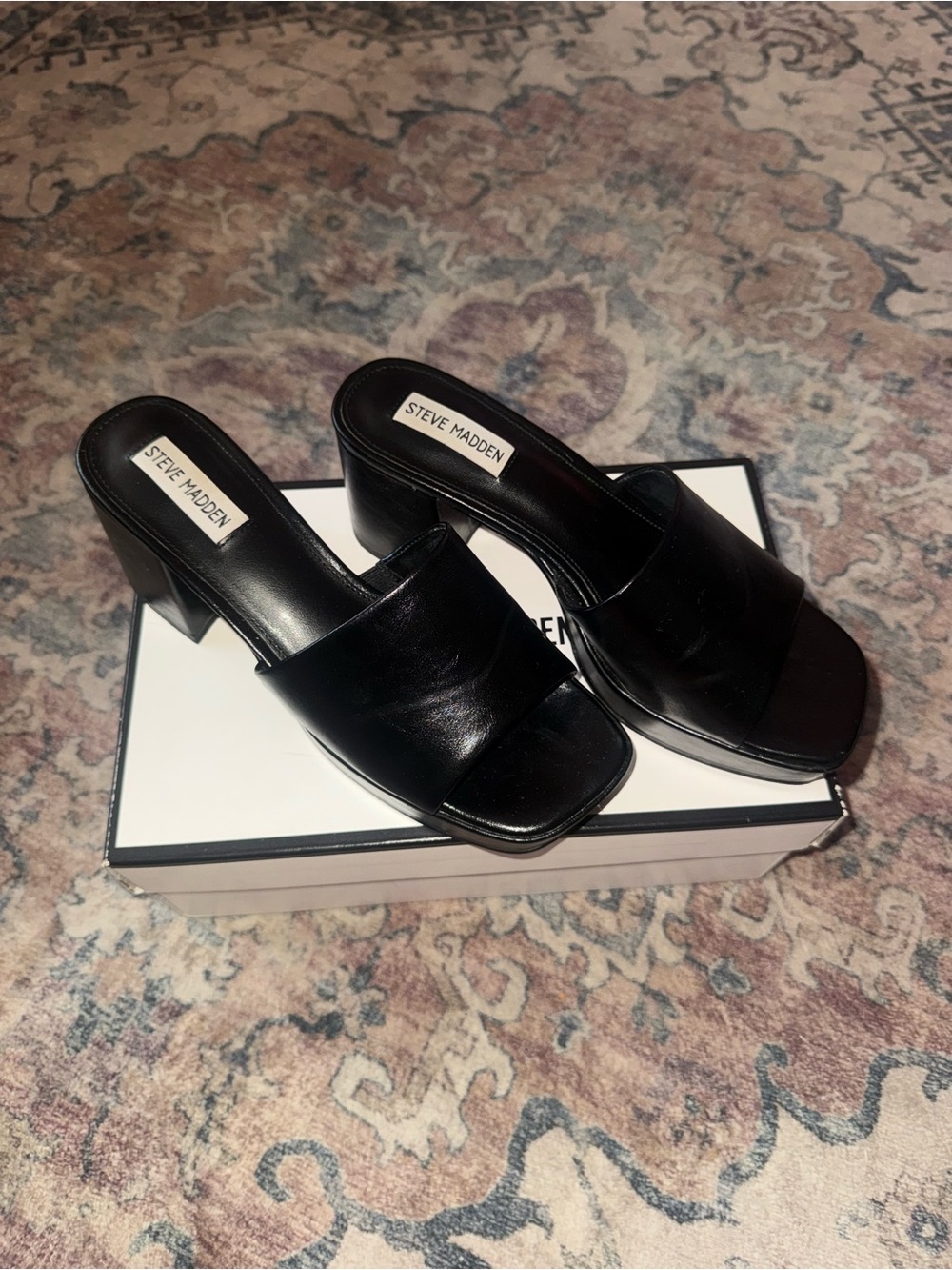 Steve Madden Black Leather High Block Heel Mules